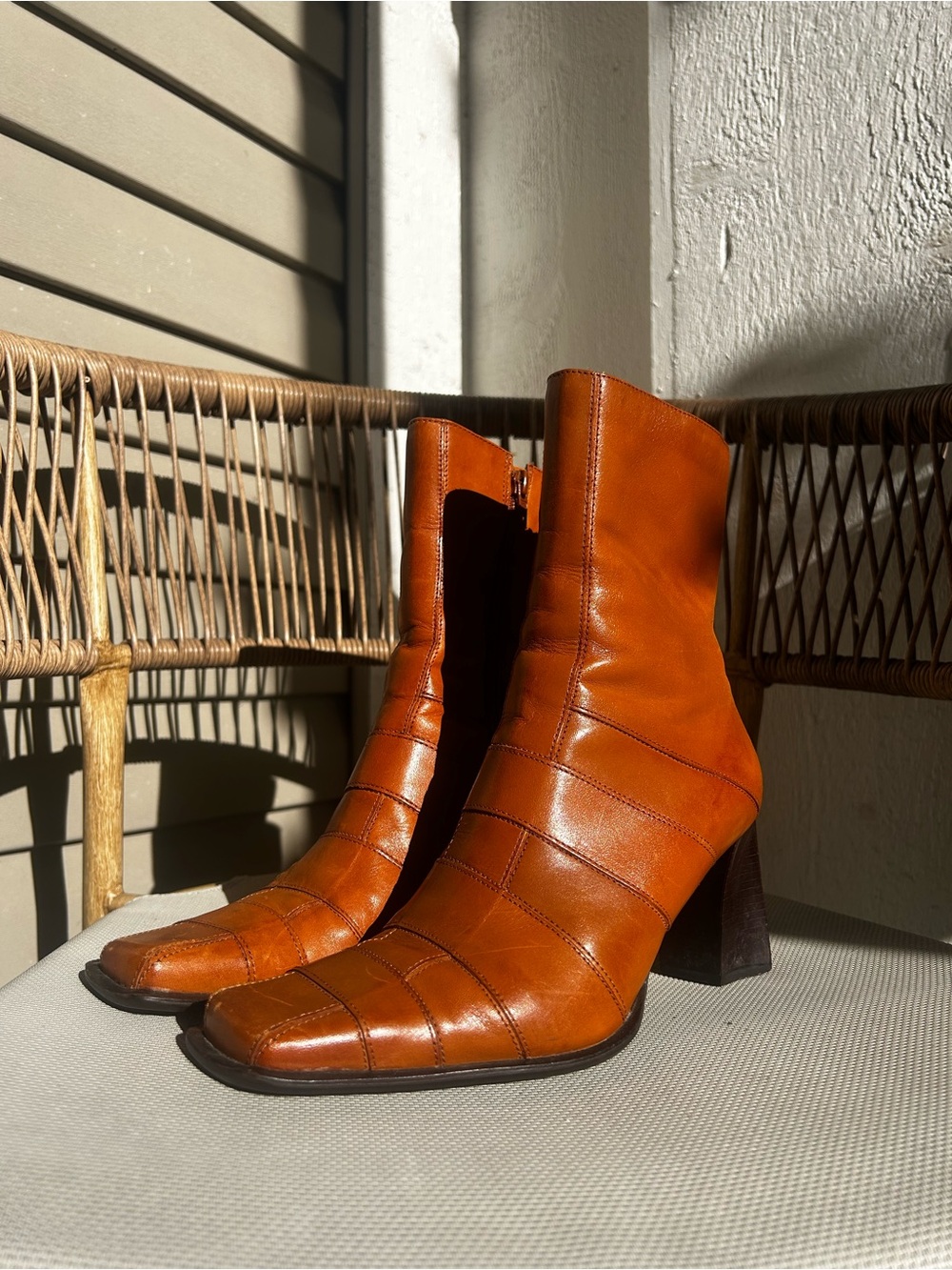 Maripe Cognac Leather Block Heel Ankle Boots